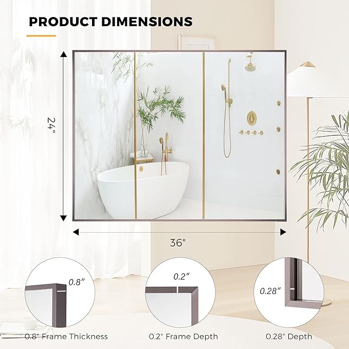 24x36 Inch Pewter Bathroom Mirror for Wall, Aluminum Frame Rectangle Rectangular Vanity Mirror, Modern Large for Bedroom, Living Room, Horizontal or Vertical
