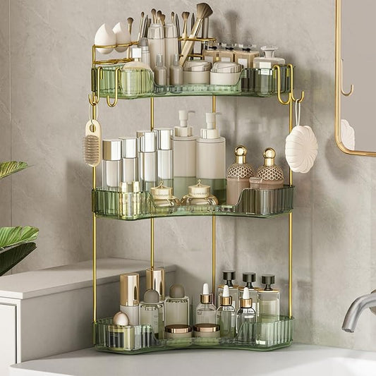 3-Tier Corner Bathroom Counter Organizer，Makeup & Skincare Shelf with Built-in Brush Holder，Space-Saving Bathroom Countertop Organizer for Skincare, Perfume, Cosmetics(Green)