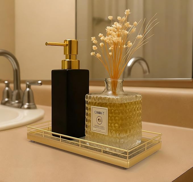 Bathroom Vanity Tray – 12" x 6" Oak Decorative Wooden Tray for Toilet Tank Organizer, Wood Tray for Bathroom Countertop, Soap, Perfume, Storage Vanity Dresser Decor for Bathroom Essentials Gold