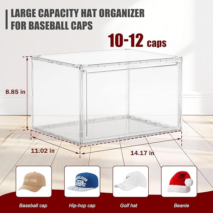 2 Pack Hat Organizer for Baseball Caps, Stackable Hat Storage Box, Acrylic Cap Display Case with Magnetic Door, Cap Holder Container for Closet, Each Holds 10 Hats Clear