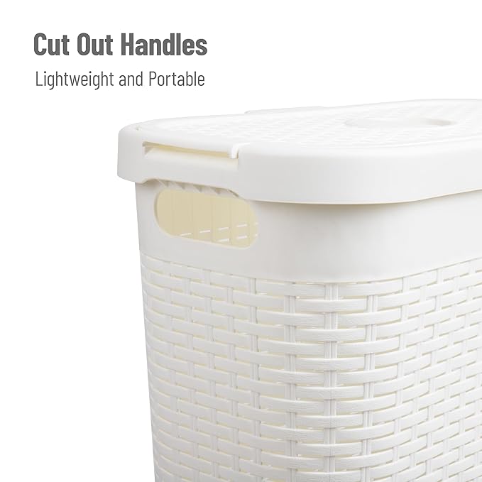 Mind Reader 40L Slim Laundry Hamper, Clothes Basket, Lid, Premium Wicker Design, Plastic, Set of 3, White