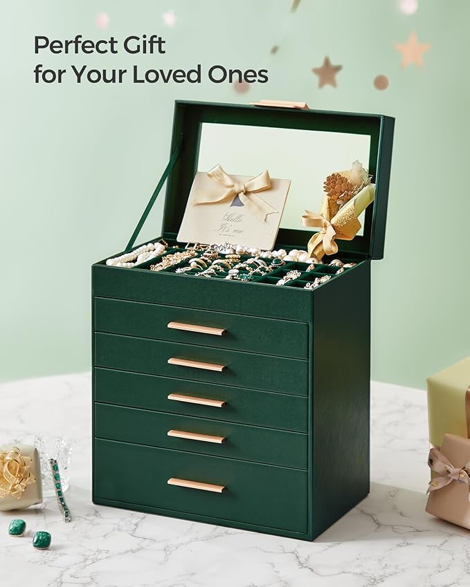 SONGMICS Jewelry Box Organizer with Glass Lid, 6-Layer Jewelry Storage, with 5 Drawers, Modern Style, 6.4 x 9.9 x 11.4 Inches, Forest Green and Gold Color UJBC171C01