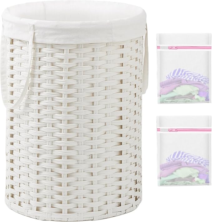 Laundry Basket Round Rattan Laundry Hamper 29.1 Gal(110 L) Handwoven Large Wicker Basket with Handles, Wicker Hamper with Removable Bags and 2 Mesh Bags for Bathroom Living Room White(No Lid)