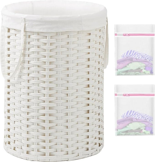 Laundry Basket Round Rattan Laundry Hamper 29.1 Gal(110 L) Handwoven Large Wicker Basket with Handles, Wicker Hamper with Removable Bags and 2 Mesh Bags for Bathroom Living Room White(No Lid)