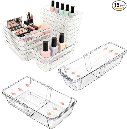 15 Pcs Extendable Drawer Organizer Set, 2 Sizes Adjustable Storage Drawer Units, Clear Plastic Makeup Vanity Organizer for Makeup, Stationeries, Multiple Gadgets for Bathroom, Office, Bedroom