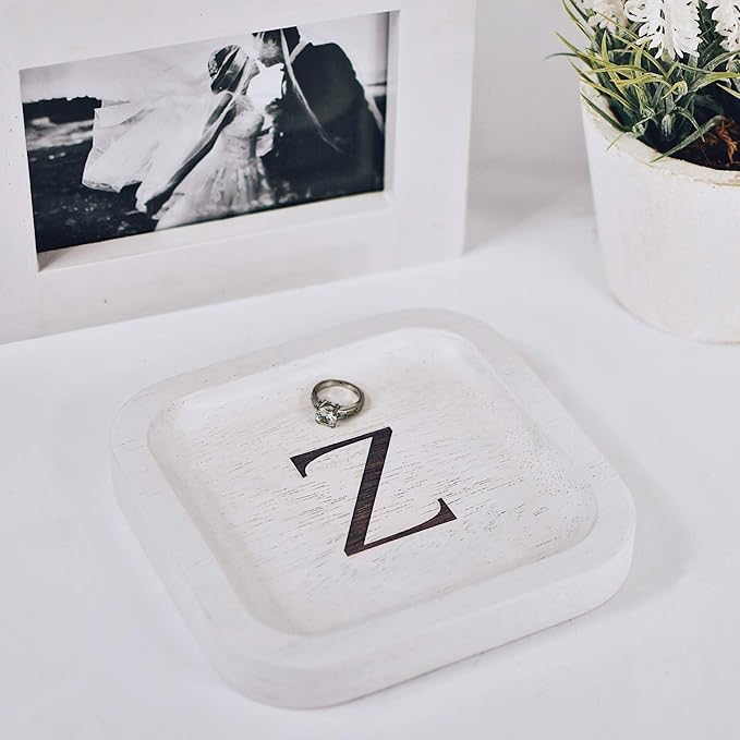 I'm Wooden Personalized Letter Catchall Valet Tray Trinket Dish Jewelry Tray Key Bowl Decorative Plate Organizing Ring Earrings Necklaces Bracelet Watch Coins Wallet Holder (6"x6" Sq White Z)