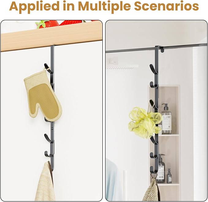 Over The Door Hooks, Metal Door Hooks for Hanging,Door Purse Organizer for Door Coat Hanger, Back of Shower for Hanging Towel Rack Clothes, Hat, Bathroom Bathroom Dorm Bedroom Closet (Black-2Packs)