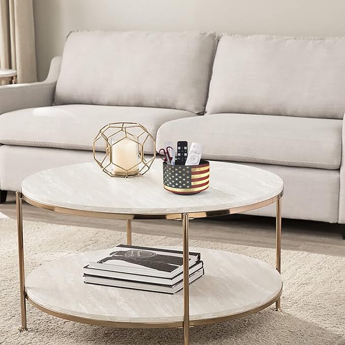 Hennaja Round Leather Art Supply Organizer,Remote Control Holder,360 Degree Rotating,Multi-Functional Pencil Holder,4 Compartments Desktop Stationary Organizer(1-American Flag)