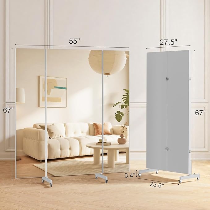 brisafe 67"x55" Folding Mirror with Wheels, 3-Panel Full Length Wall Mirror, Space-Saving Design, Shatterproof Nano Material, Portable Floor Mirror for Gym, Dance Studio, Home, Commercial Use, Silver
