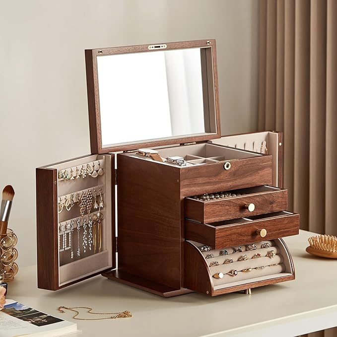 Black Walnut Wooden Jewelry Box, Wood Jewelry Organizer with 2 Side Doors Mirror Lockable Classical for Watch Necklace Ring Earring Valentine's Day Gifts-4 Layer with Curved Ring Grooves
