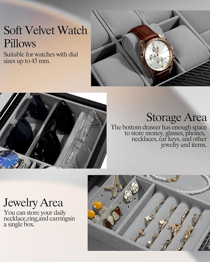 GUKA Watch box, 6 Slot Watch Case, 3 Slot Sunglass Organizer, Watch Cases for men with Real Glass Lid, Watch Organizer storage with Jewelry Case, Birthday for Men and Women,