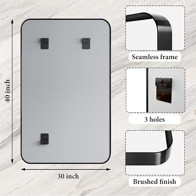 40X30 Inch Black Metal Framed Bathroom Mirror for Wall, Matte Large Rounded Rectangle Vanity Mirror Farmhouse,Anti-Rust, HD Tempered Glass, Horizontally or Vertically Hanging