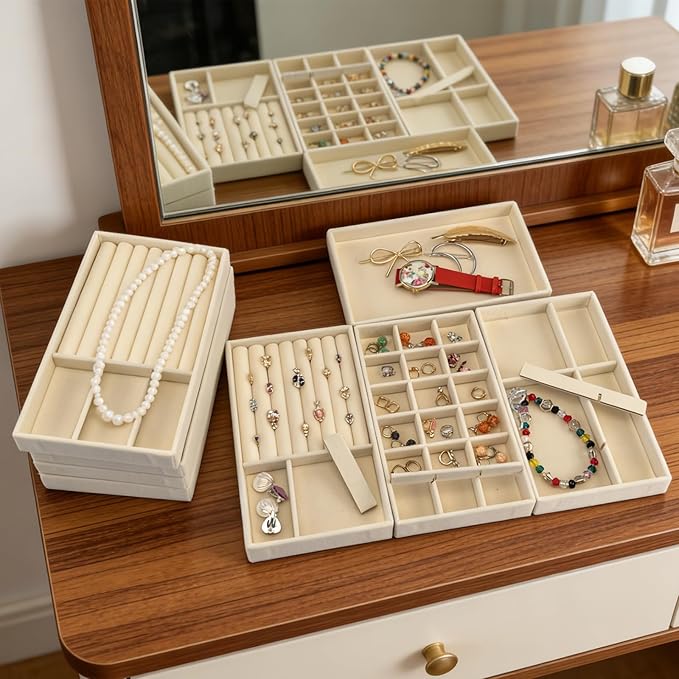 Jewelry Trays,Velvet Stackable Organizer Trays,Drawer Inserts Jewelry Display Case For Rings Stud Necklaces Earring Organizer Tray for Women Girls-8 Pack (Beige)