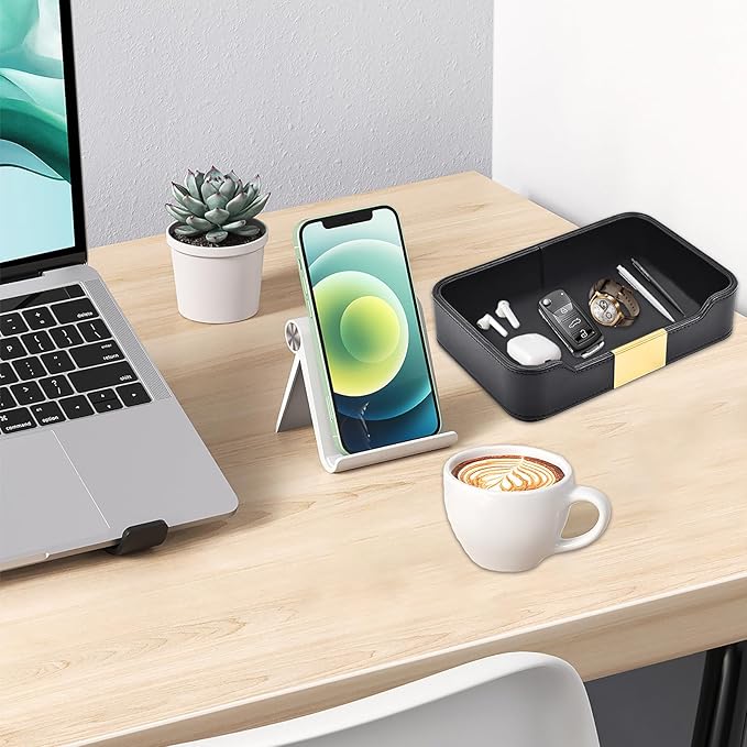 Leather Tray Desktop Storage,Luxury Nightstand Organizer Decorative Tray,for Entryway Table to Hold Jewelry Watch Cosmetics Keys Phone Wallet Home & Office Accessories,Black, 8.5L x 5.7W x 1.8H