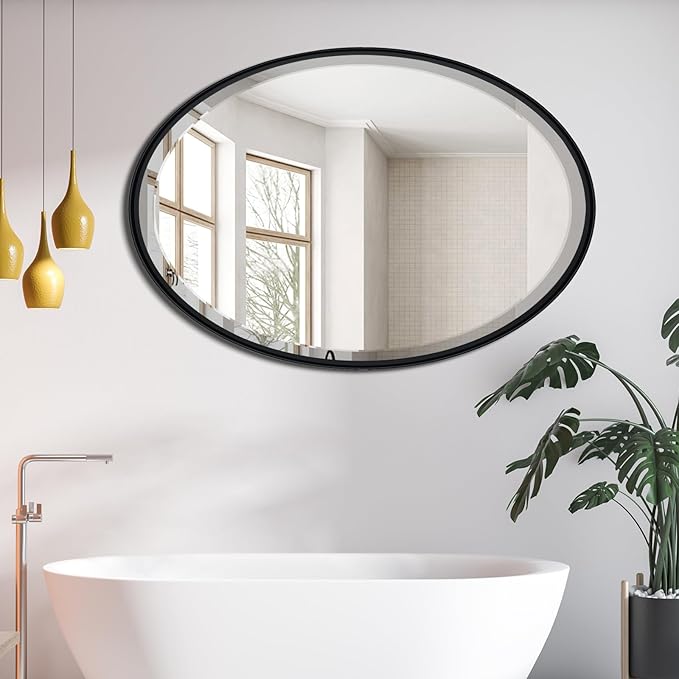 POZINO Oval Beveled Mirror, 24"x36" Bathroom Vanity Mirror for Over Sink, Matte Black Modern Rounded Wall Mirror for Living Room Entryway Bedroom Hallway Fireplace, Hangs Horizontal Or Vertical
