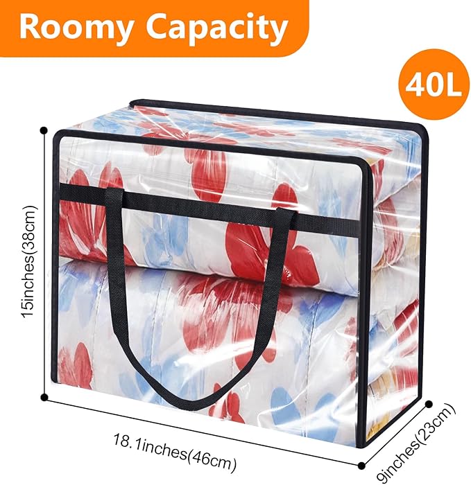 4 Pack Clear Clothes Storage Bags, Vinyl Blanket Storage Bag with Heavy-Duty Zipper, Foldable Moving Bags, Closet Organizers for Bedding, Comforter, Linens, Sweaters, Pillows, Toys (40L)