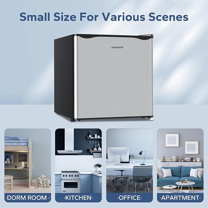 BANGSON 1.6 Cu.Ft Mini Fridge with Freezer, Energy Saving Low Noise Compact Refrigerator for Snacks Drinks Food Storage,Ideal for Office,Dorm,Bedroom,Apartment,Silver