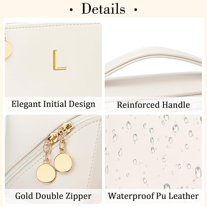 Valentine's Day Gifts for Women Teen Girl, Personalized Initial Makeup Organizer Bag Set, Open Flat Travel Cosmetic Bag With Clear Divider and Handle(Beige,L)