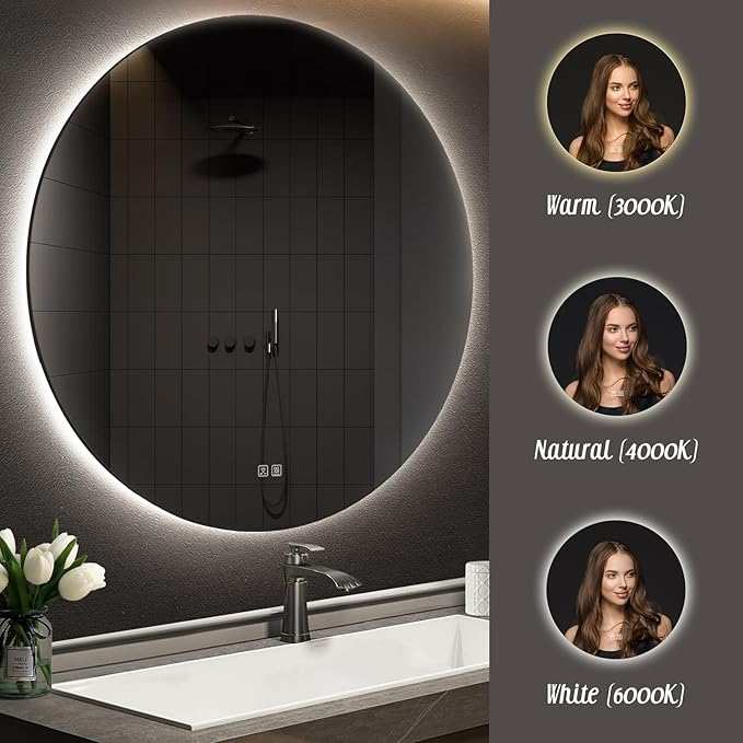 APRILSOUL 32 Inch Round LED Backlit Bathroom Mirror, Vanity Mirror with Anti-Fog, Touch Button, 3 Colors and Dimmable Light
