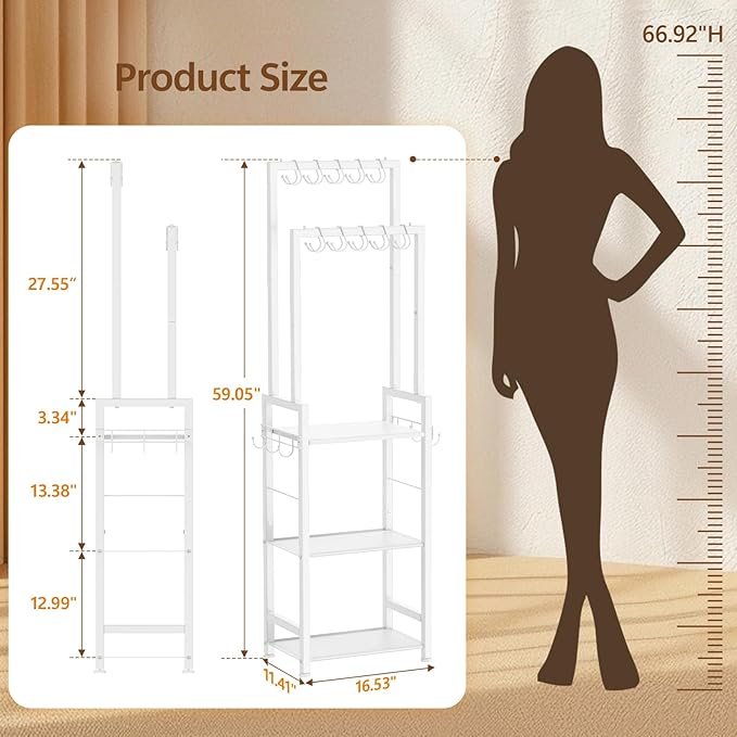Tall Purse Organizer for Closet with 10 Purse Hanger & 6 Side Hooks,Floor-Standing Purse Rack Stand for Purse Storage,Narrow & High-Capacity Handbag Organizer,Multi-Purpose Purse Shelf for Small Place