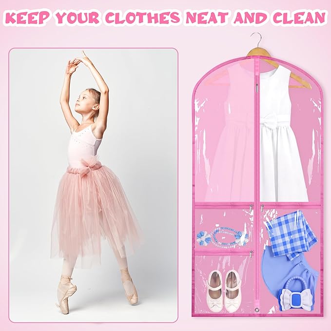 Geelin 14 Pcs Garment Bags for Dance Costumes PVC Clear with Zippers 20 x 40 Inch Garment Bag with Pockets Dance Costume Organizer Carrier for Storage Cover for Adult(Pink)
