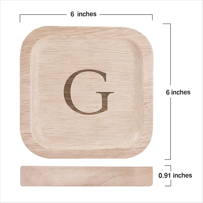 I'm Wooden Personalized Letter Catchall Valet Tray Trinket Dish Jewelry Tray Key Bowl Decorative Plate Organizing Ring Earrings Necklaces Bracelet Watch Coins Wallet Holder (6"x6" Sq Natural G)