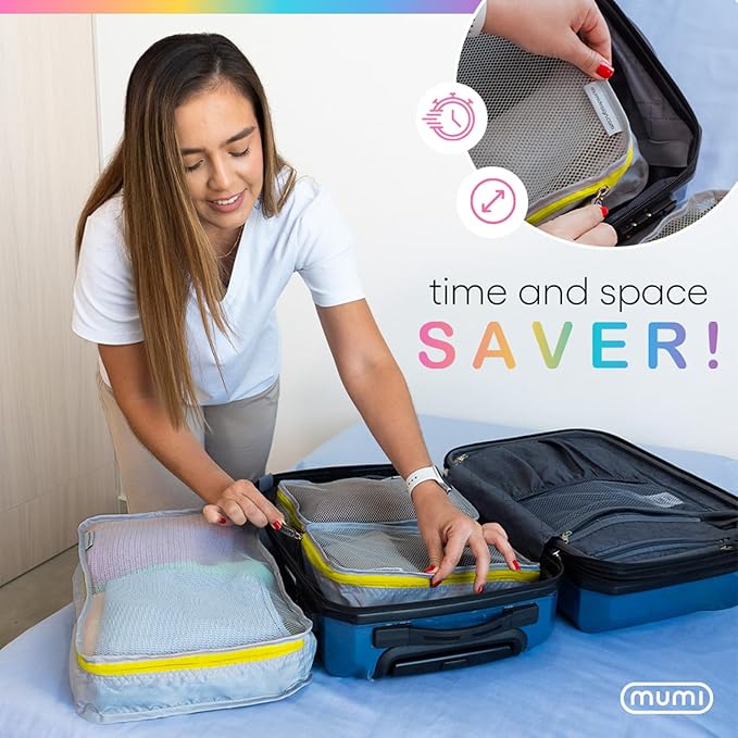 MUMI Packing Cubes - 5 Compression Packing Cubes for Travel, Luggage Organizer Bags for Suitcases, Carry-On, Duffle or Backpack – Mesh, Waterproof Bags for Clothes, Kids & Travel Accessories - Aqua