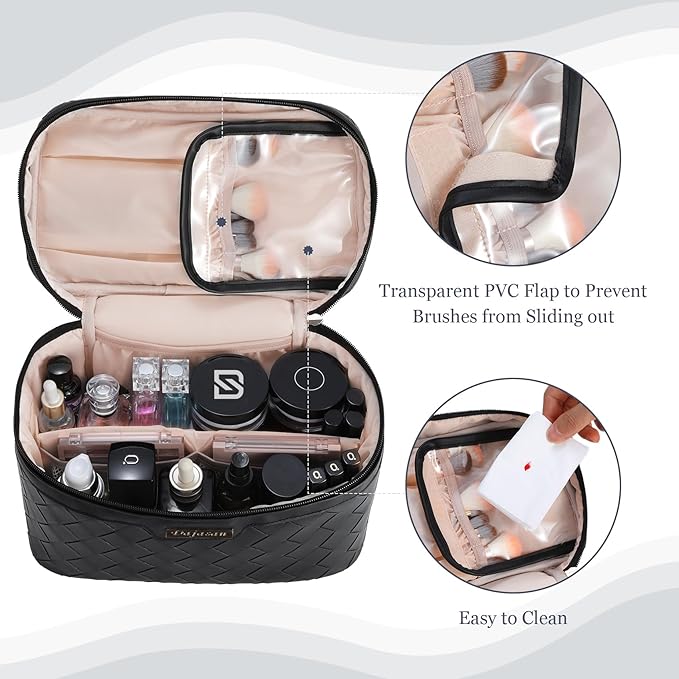 Dajasan Makeup Bag Cosmetic Bag, Travel Makeup Bag, Large Capacity Makeup Organizer Case, Portable Travel Toiletry Bag for Women Girls, PU Leather Waterproof (Black)