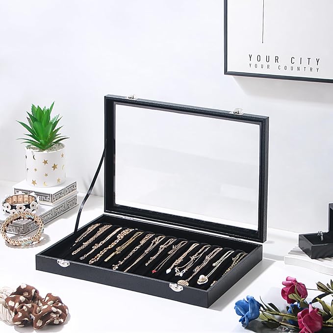 14 Hooks Necklace Storage Tray, Velvet Neckalce Organizer Box with Clear Lid, Pendant Chain Necklace Jewelry Organizer Drawer Tray for Women Girls (Black)