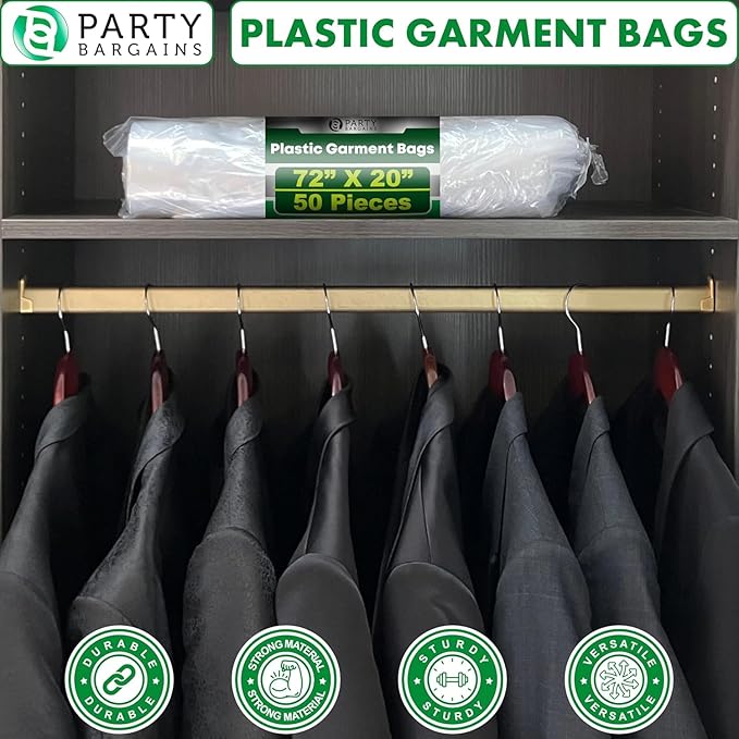 PARTY BARGAINS 72 x 20 Inch Disposable Clear Garment Bags, 50 Pack – Heavy-Duty Plastic Clothes Covers for Suits Dresses Coats, Closet & Travel