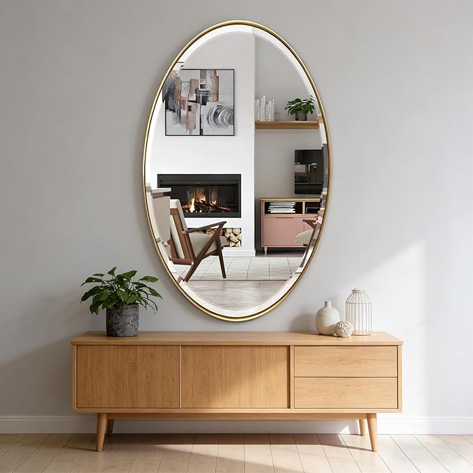 POZINO Brushed Gold Beveled Mirror, 28"x48" Large Brass Oval Mirrors, Bathroom Mirror for Over Sink, Modern Rounded Vanity Wall Mirrors in Premium Stainless Steel Frame, Hangs Horizontal Or Vertical