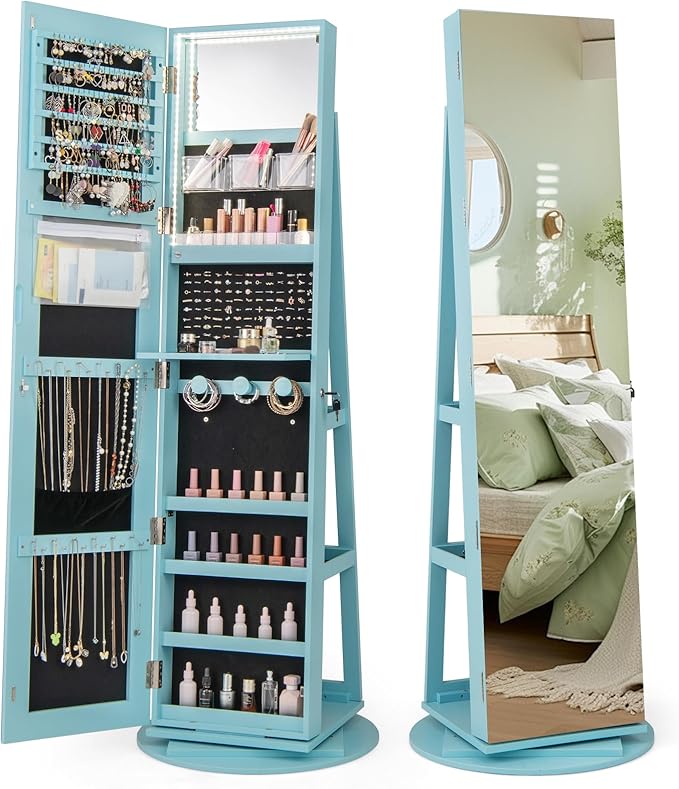 CHARMAID 360° Swivel Jewelry Armoire with Full Length Mirror, Rear Storage Shelves, Lockable Standing Jewelry Cabinet Organizer with Interior Vanity Mirror and 3-Color Lights (Sky Blue)
