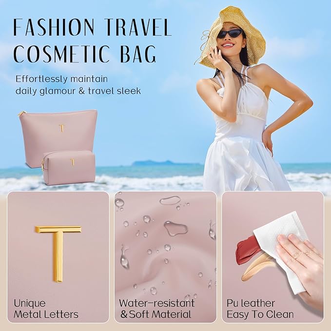 Valentine's Day Gifts for Women Girlfriend Initial Makeup Bag for Teen Girls Personalized Gifts for Friend Teacher Mom Wife Cosmetic Travel Toiletry Bag(Pink,T)