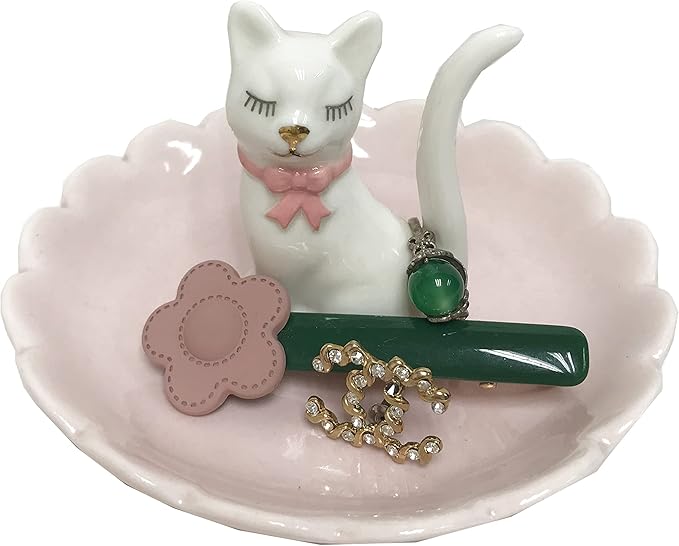 ROSA&ROSE Cat Ring Holder Trinket Tray Ceramic Jewelry Dish Porcelain Ring Organizer Gift for Women, Girlfriend or Valentine's Day (White/Pink)