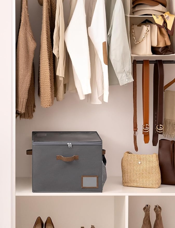 StorageWorks Shoe Organizer for Closet, Fits up to 16 Pairs, Shoe Cubby Storage Containers with Side Mesh Pocket and Clear Cover, Grey