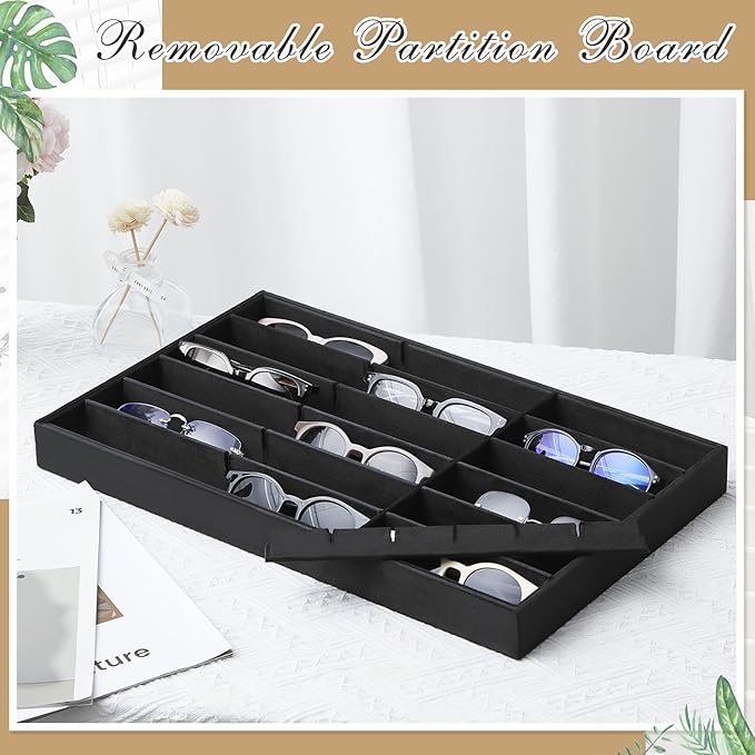 Amylove 2 Pcs Sunglass Organizer Trays Glasses Stackable Jewelry Trays Sunglass Organizer Display Box (18 Grids,Black)
