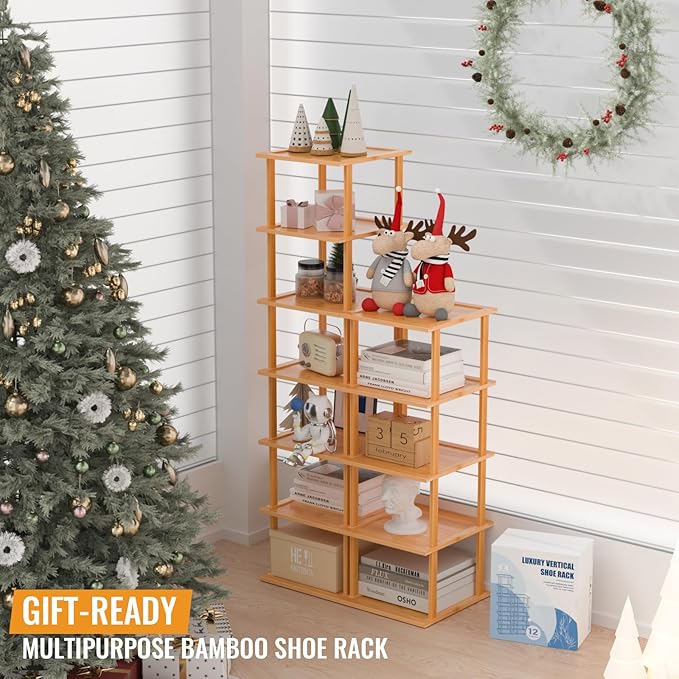 Bamboo Free Standing Shoe Rack Shelf Multi Tier Tall Wooden Stackable Shoes Rack Organizer for Closet Front Door Entrance Narrow Vertical Shoe Storage (Nature, 12 Tiers)