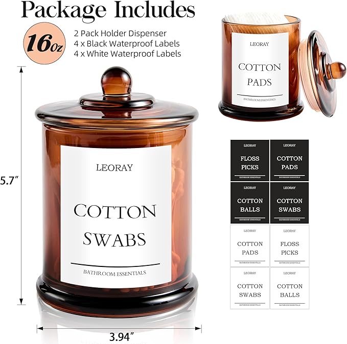 2 Pack Glass Qtip Holder Dispenser with Lids, Airtight Waterproof, 16 Oz Vanity Organizer Bathroom Canisters for Cotton Swabs, Balls, Pads, Floss Picks, Restroom Kitchen Storage Jars, Amber