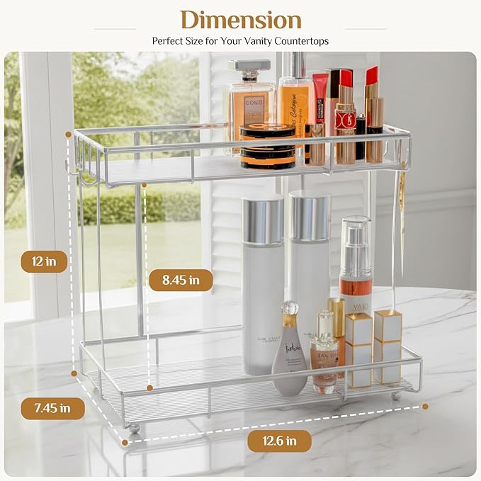 Bathroom Organizer Countertop Perfume Organizer Makeup Organizer Cosmetics Storage Display Rack Vanity Tray Dresser Steel chrome Shelf Transparency Wavy Acrylic Tray (2 Tier Chrome)