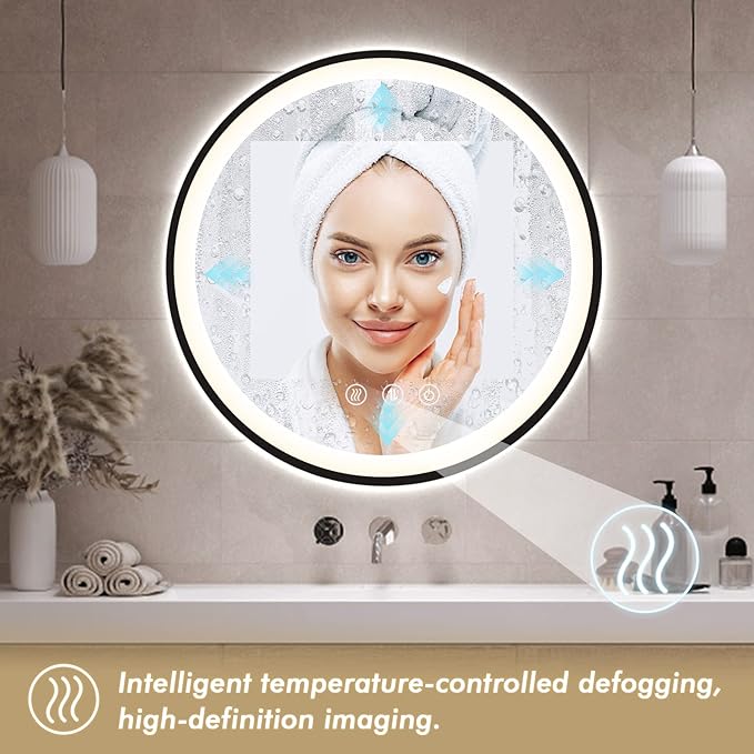 LED Bathroom Mirror with Lights 24'' Black Frame Large Round Makeup Mirror, Wall Mounted Vanity Mirror for 3Colors Dimmable Anti-Fog Memory Smart Light up Wall Mirror Plug-in/Hardwired Circle Mirror