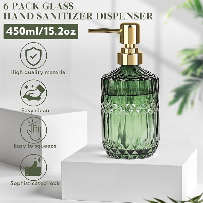 6 Pack Glass Soap Dispenser with Pump 15.2 oz Refillable Liquid Hand Soap Dish Soap Dispensers Vintage Soap Dispenser Liquid Bottle for Kitchen Sink Bathroom Counter(Green,Gold Pump Head)