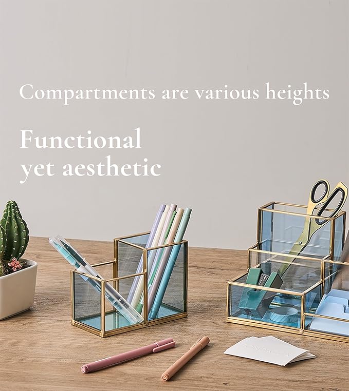 FONDAZZA Gold & Blue Glass Desk Organizer - Elegant Office Decor, Aesthetic Makeup Brush Holder, 2-Compartment Pen Holder, Pencil Cup, Vanity & Cosmetic Storage, Desk Accessories for Women