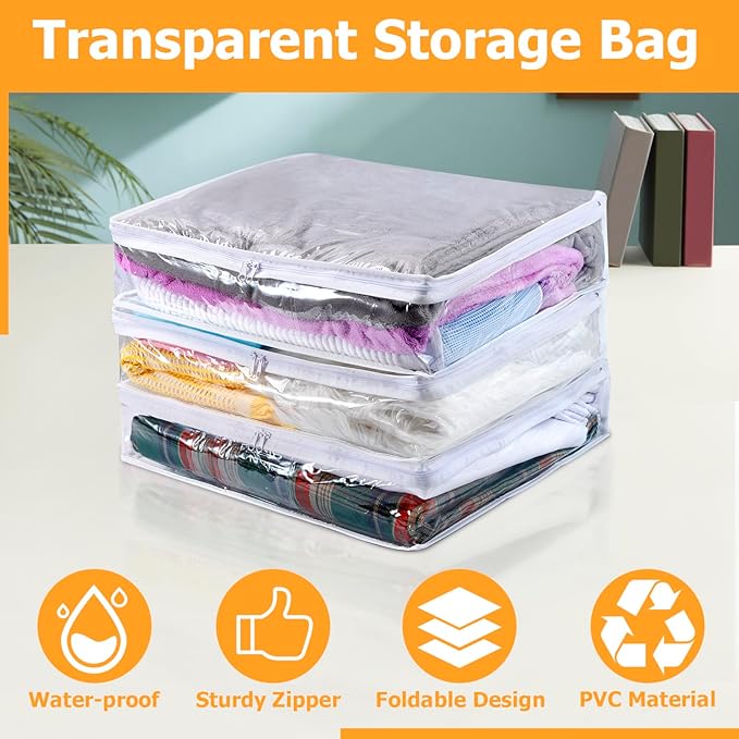 6 Packs Clear Zippered Storage Bags, Sweater Storage Bags with Zipper, Plastic PVC Sweater Sheet Organizer for Clothing Blankets Closet Bed Sheet Pillow(15.74 x 13.78 x 3.74 in)