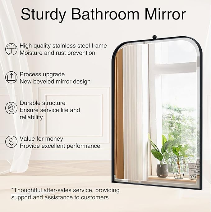 POZINO Beveled Mirror Over Sink, 22"x35" Black Arched Bathroom Mirror, Modern Rounded Rectangle Mirrors with Stainless Steel Frame, Vanity Wall Mirrors for Bedroom Living Room Entryway Fireplace