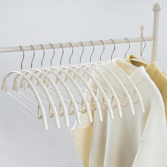 16.5 Inch Ivory No Shoulder Bumps No Mark Non-Slip Rubber Coated Contour Meta Hanger for Sweater T-Shirt Suit Coat Uniform with Pants Bar Pack of 20