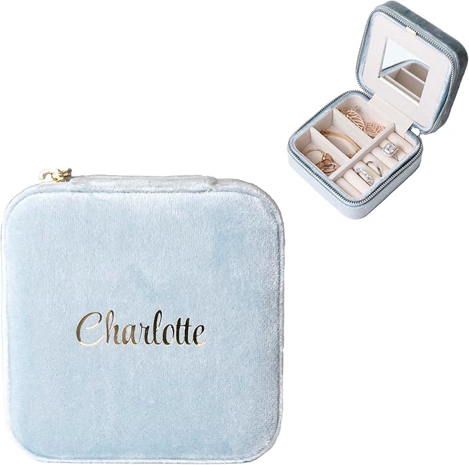 Customizable Compact Velvet Jewelry Box with Mirror, Travel Jewelry Case, Travel Jewelry Organizer, Jewelry Box for Women and Girls, Small Jewelry Organizer (Center Text, Powder Blue)