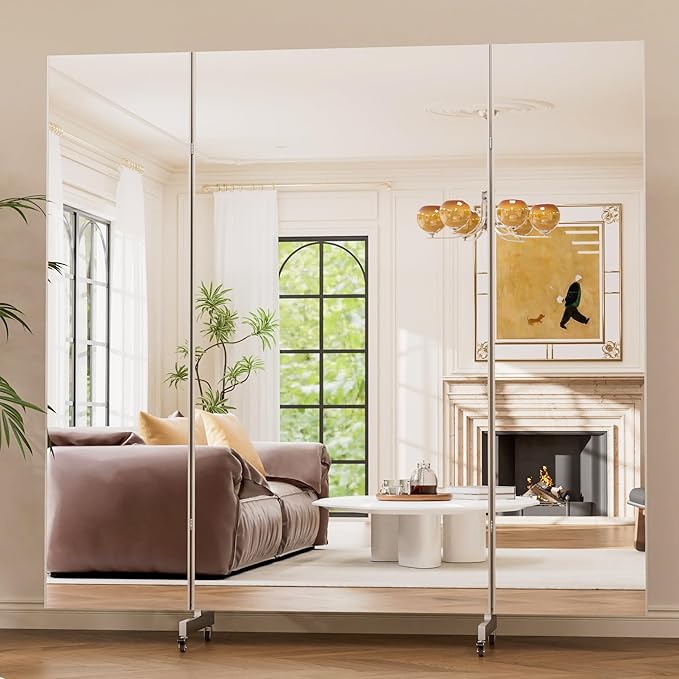 brisafe 71 W "x 67 L " Folding Mirror with Wheels, 3-Panel Full Length Wall Mirror, Space-Saving Design, Shatterproof Nano Material, Portable Floor Mirror for Gym, Dance Studio, Home, Commercial Use.
