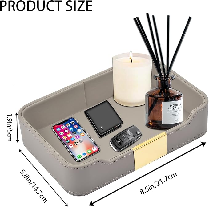 Leather Jewelry Tray Desktop Storage,Luxury Perfume Tray Nightstand Organizer Entryway Decorative Tray,for Jewelry Watch Cosmetics Keys Phone Wallet Home & Office Accessories,Gray