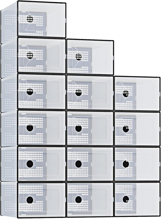 DUMOS Clear Shoe Storage Boxes, 15-Pack Plastic Stackable Shoe Containers with Lids, Display Sneaker Case Organizer for Closet, Under Bed, Entryway,Black (Fit Size 11)