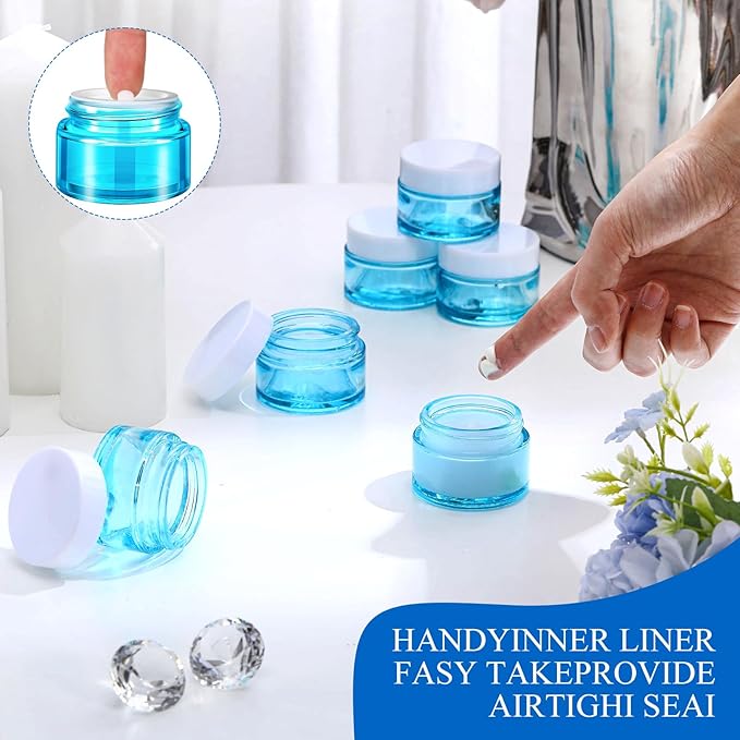 Domensi 60 Pcs 1oz Glass Jars with Lids Bulk Salve Tins Winter Cream Container Small Glass Candle Cosmetic Jars for Travel Lip Balm with Inner Liners for Lotion Sample Cream(Light Blue, White Lids)